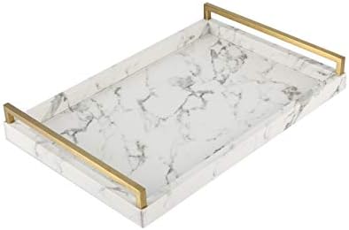 17.8 * 11.8" White PU Leather Marble Finish Decorative Tray Serving Tray with Brushed Gold Handle for Coffee Table, Console Table, Ottoman