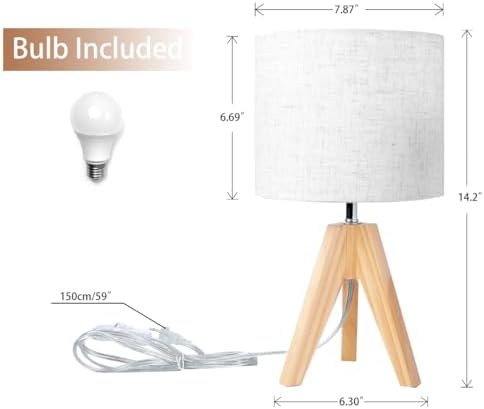 Tripod Table Lamp, Small Bedside Night Stand Lamp with 3 Colors, Decorative Lamp for Bedroom, Nursery, Living Room (Bulb Included) (Natural Wood)