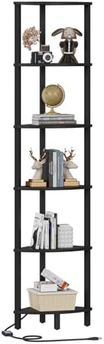 VIMBER 6-Tier Corner Shelf with LED Light, Industrial Corner Ladder Shelf, Rustic Display Shelf for Living Room, Bedroom, Kitchen, Home Office, Sturdy Frame, Black UJSJ002B
