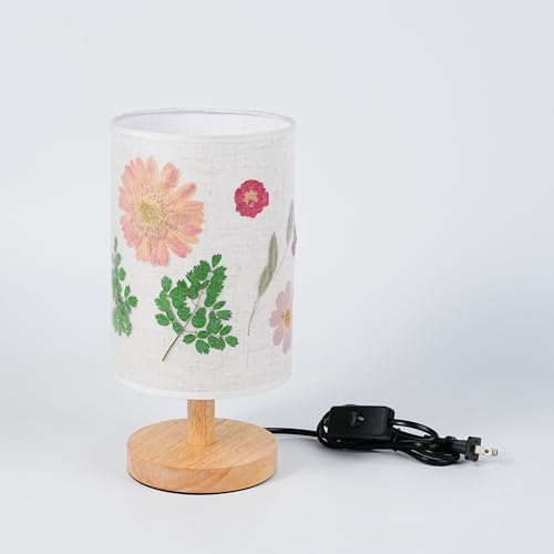 Decorative Table Lamp with Floral Shade Design, Wooden Base, Fabric Lampshade, Ambient Lighting for Bedroom, Living Room (Beige)