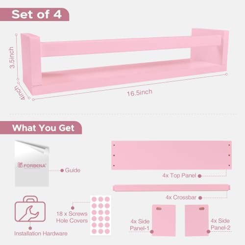 Forbena Pink Nursery Floating Shelves for Wall, Small Kids Wall Bookshelf for Baby Toddler Girls Room, Wood Nursery Hanging Book Shelves for Childrens Bedroom Toys Storage Organizer (Set of 4, Pink)