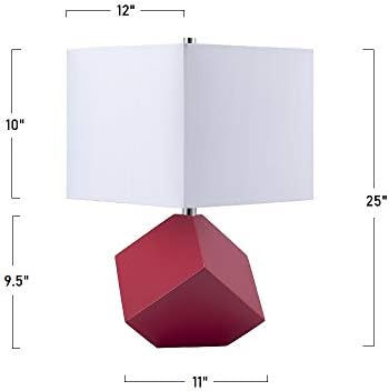 25" Table Lamp - Modern Irregular Geometric Style Wooden Base, White Square Fabric Shade, Contemporary Table Desk Lamp - Great for Living Rooms, Bedrooms, or Study Rooms (Red)