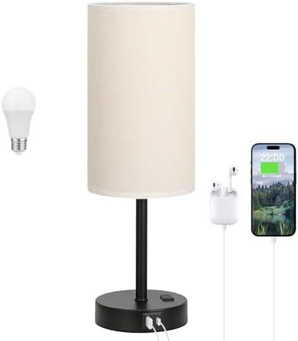 Dicoool 17.4" Bedside Lamp for Bedroom - Dimmable Touch, USB A+C, AC Outlet
