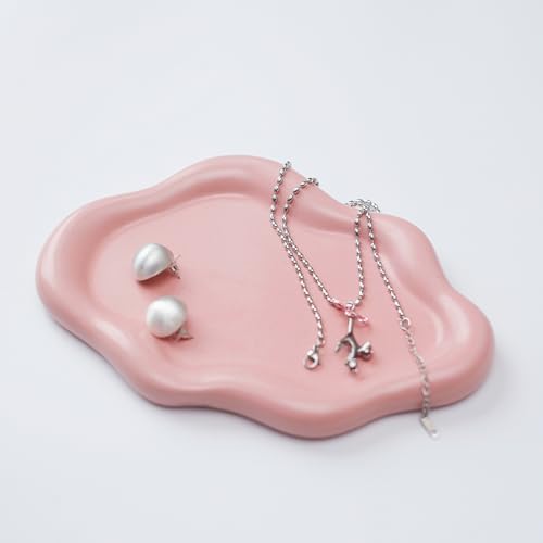 Jewelry Dish Trinket Tray for Women, Ring Dish Holder, Unique Cloud Shape Ceramic Plate Cute Things Vanity Aesthetic Room Decor Mother's Day Birthday (Pink)