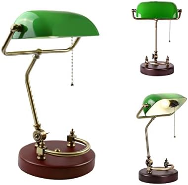 Table lamp Emerald Green Glass Reading Light Wooden Base 1920's Classic Banker lamp Green Pull Switch LED Desk lamp Adjustable 360 Degree lampshade Office/Bedroom/Study E27. (Model-B)