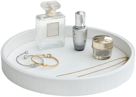 HofferRuffer Faux Leather Round Serving Tray, Vegan Croco Leather Decorative Food Tray for Storage Drinks, Snack & Cosmetics, Dia.12'' x 1.6'' (White Croco, 12'')