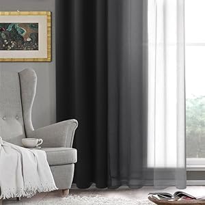 DWCN Black Ombre Faux Linen Sheer Curtains - Extra Wide Gradient Semi Voile Light Filtering Grommet Top Bedroom and Living Room Curtains, 60 x 63 Inches Long, Set of 2 Window Curtain Panels