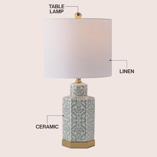 JONATHAN Y Diana 23.5" Green & White Floral Ceramic Table Lamp, Brass Base