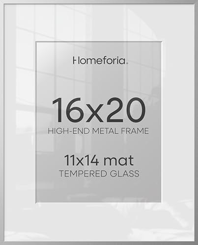 Homeforia 16x20 Silver Picture Frame, High-End Metal, 11x14 Mat, Glass