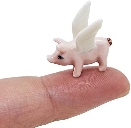 WitnyStore Tiny ¾ Inch Long Pink Pig with Wings Figurine - Miniature Hand Made Painted Ceramic Pigs Swine Hog Piglet Livestock Farm Animals Cute Porcelain Decorative Collectible Figurines Décor Gifts