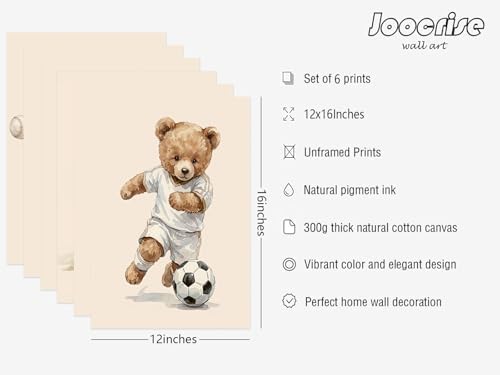 Joocrise Nursery Teddy Bear Wall Decor Boy Room Wall Art Baby Canvas Prints Vintage Sports Decor Pictures Teddy Bear Poster Nursery Painting for Playroom Bedroom 12x16 Inch Unframed Set of 6