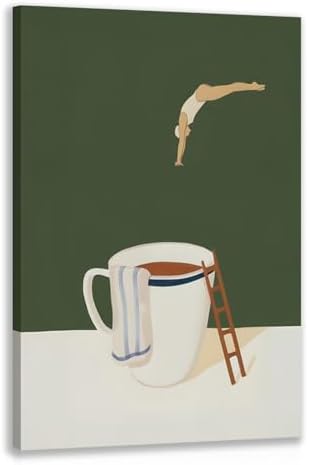 Cyebmo Modern Coffee Wall Art, Funny Diver Wall Decor, Vintage Kitchen Wall Decor, Minimalist Cafe Wrapped Canvas Painting, Green Abstract Espresso Artwork for Kitchen Cafe Coffee Bar 12x16 Inch