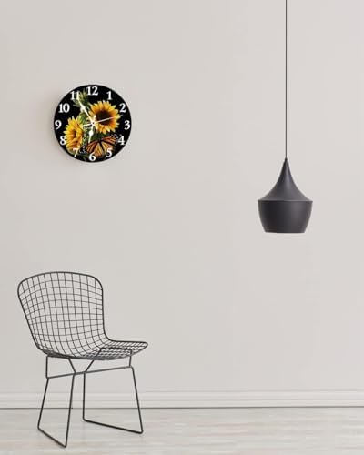 LOKMU Silent Non Ticking Clock 12 Inch, Round Wall Clock,Decorative for Living Room, Kitchen, Home,Bathroom, Bedroom, Office or School, Sunflower with Butterfly on Black