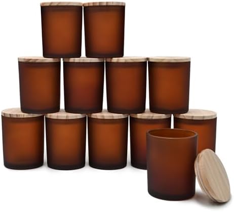 SHOWIN Thick Candle Jars for Making Candles 12 Pcs, 7 OZ Empty Jars with Wood Lids for Candle Making, Sample Container, Frosted Brown