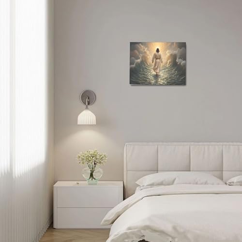 Jesus Walking on Water Wall Art Jesus Christian Spiritual Wall Decor Pictures Bible Story Canvas Prints Painting God Faith Artwork Decoration for Bathroom Bedroom Living Room Framed Gifts 12"x16"