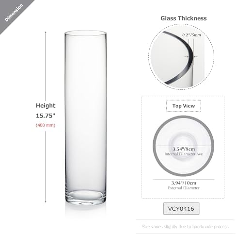 WGVI Quality Thick Weighted Tall Clear Cylinder Glass Vases, 4" W x 16" H, Flower Arrangement Floating Candle Holders Wedding Centerpieces Event Floral Container Accent Home Decor, 1 Piece