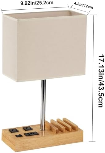 Briever USB Table Lamp, Multi-Functional Desk Lamp with 2 AC Outlets, Bedside Lamp with 3 USB Charging Ports and Wooden Phone Stands, Nightstand Lamp for Bedroom, Livingroom, Office, Natural Wood