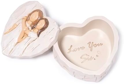 Hodao Heart Shaped Jewelry Box with “Love You Sis.”, Resin Friendship Keepsake Trinket Box Decor with Wood Carved Effect, Meaningful Gift for Sister Birthday, Graduation
