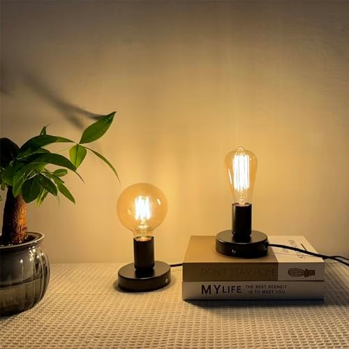 Black Polished Metal Desktop Lamp Base, Small Industrial Table Lamp, Simple E26/E27 Screw Light Socket Edison Bulb Holder, 5.7ft Cord On/Off Switch US Plug (4 Pack)
