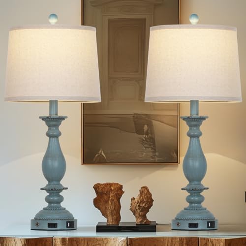 CINSARY 28" Tall Coastal Table Lamps for Living Room Set of 2, Farmhouse Rustic Blue Bedside Touch Lamp with USB C+A Ports & Outlet, 3-Way Dimmable Resin Nightstand Lamps for Bedroom Side End Table