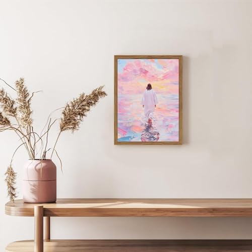 Pink Jesus Walking On Water Wall Art, Frame 3D Textured Hand Drawn Sandstone Christian Wall Decor Paintings Religious Savior Pictures for Living Prayer Room Bedroom, 12x16 in Wood Framed