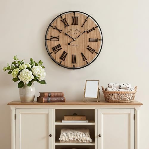 EMAX HOME Inch Modern Farmhouse Wall Clock, Warm Wood-Tone Dial with Black Metal Outer Ring, Silent Non-Ticking Quartz Mechanism, Raised Roman Numerals for Bedroom, Nursery, or Living Room Wall Art