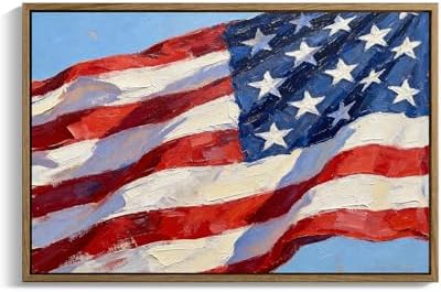 American Flag Framed Canvas Wall Art, 4th of July Patriotic Canvas Prints | USA Flag with Picture Poster Print, Modern Independence Day Wall Decor for Bedroom Living Room Office 24×32in
