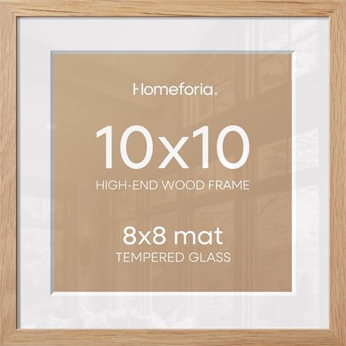 Homeforia 10x10 Natural Oak Picture Frame, High-End Wood, 8x8 Mat, Glass
