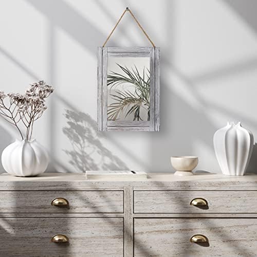 12 x 16 in Wall Decorative Mirror, Rustic Wood Frame Rectangular Mirror with Hanging Rope for Entryway, Bedroom, Guest Bathroom, Living Room, Bedroom - Grey