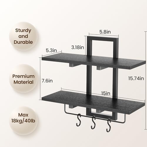 Creso hom Wood Floating Shelf with 6 Hooks, 15" Bathroom Shelves Set of 2