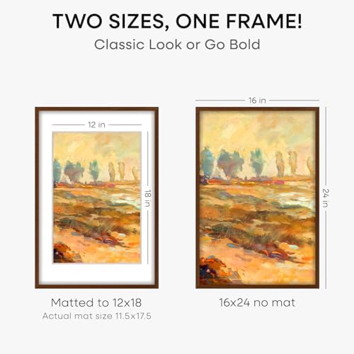 Homeforia 16x24 Brown Oak Picture Frame, High-End Wood, 12x18 Mat, Glass