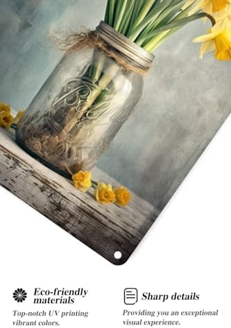Jar with Daffodil Floral Bouquet Farmhouse Metal Tin Sign Spring Flowers Wall Decor Funny Decoration for Home Kitchen Bar Garage Vintage Retro Poster Plaque Tin Signs 12X16 Inches(443B)
