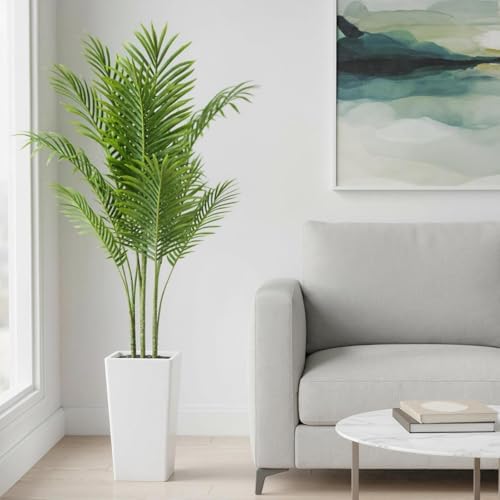 Artificial Palm Tree in White Tall Planter, 4.8FT Faux Tropical Plants Artificial Tall Trees with Lifelike Leaves for Indoor Outdoor Front Door Living Room Office