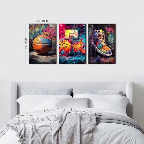 Basketball Graffiti Canvas Wall Art Abstract Banksy Sports Wall Decor for Teen Boys Room Street Pop Art Retro Basketball Court Posters Prints Artwork Man's Bedroom Playroom Decorations 16x24 3Pcs