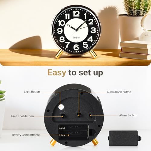 Tetino Analog Alarm Clock,Silent Non Ticking Small Clock with Night Light, Battery Operated, Simple Design, Desk Clock for Bedroom, Bedside, Desk, Adult, Kid, Gift，Ideal Decor (Light Luxury Gray)