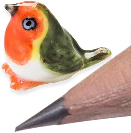 WitnyStore Tiny ⅜ Inch Looking up European Redbreast Robin Bird Figurine - Miniature Hand Made Ceramic Birds Aves Colorful Porcelain Feathered Animals Cute Decorative Collectible Figures Décor Gifts