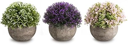 Opps Mini Artificial Plants Plastic Fake Green Colorful Flower Topiary Shrubs with Gray Pot for Home Décor – Set of 3