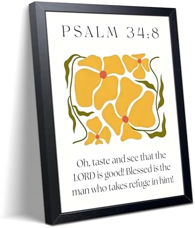 Framed Psalm 34:8 Bible Verse Wall Art, Christian Floral Canvas Wall Decor Painting, Boho Floral Religious Inspirational Scripture Print Poster Picture for Living Room Bedroom Prayer Room Home Decor 16x24 Inch