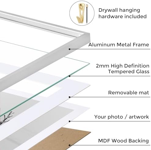 22x28 Metal Picture Frame with 18x24 Mat, Brushed Aluminum Finish, Tempered Glass Front, and Attached Hanging Hardware - Versatile Wall Display Frames for Vertical or Horizontal Orientation(Silver,