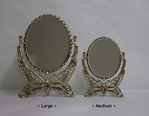 SEHAMANO Vintage Antique Butterfly Patterned Metal Frame Makeup Table Mirror, Decorative Oval Shaped Stand, Vanity Cosmetic Double Sided Rotatable Ellipse Mirror (Brass (Matt Gold), Large)