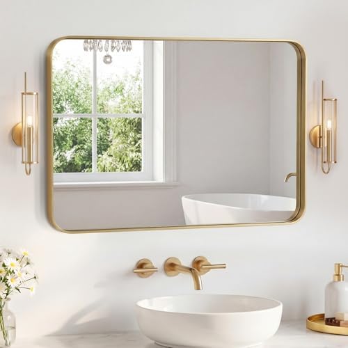 NEWBULIG 30"x40" Wall Mirror, Bathroom Mirrors for Over Sink, Gold | Matte Metal Framed Vanity Mirror with Tempered Glass, Entryway, Living Room, Bedroom