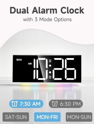 Cadmos Loud Alarm Clocks for Heavy Sleepers,Adults,Kids,Teens,Large Digital Display,7 Color Night Light,Adjustable Volume,Battery Backup,Small Bedside Clocks for Bedrooms (White+Dynamic)