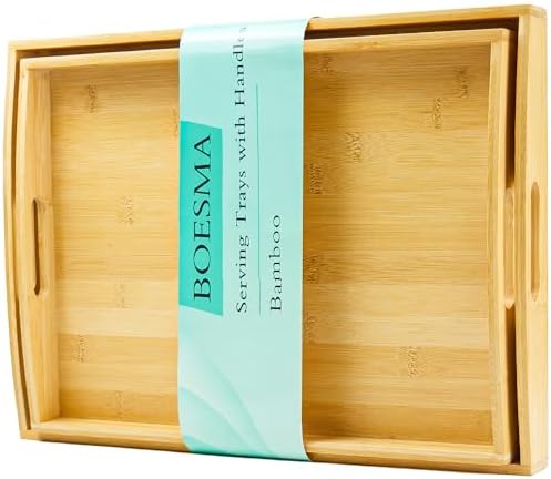 Set of 2 Bamboo Serving Trays with Handles, Wooden Breakfast Trays