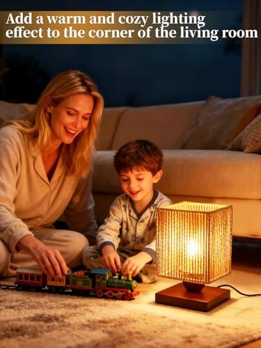 Handmade Small Rattan Lamp for Bedroom,Boho LED Table Lamp for Living Room