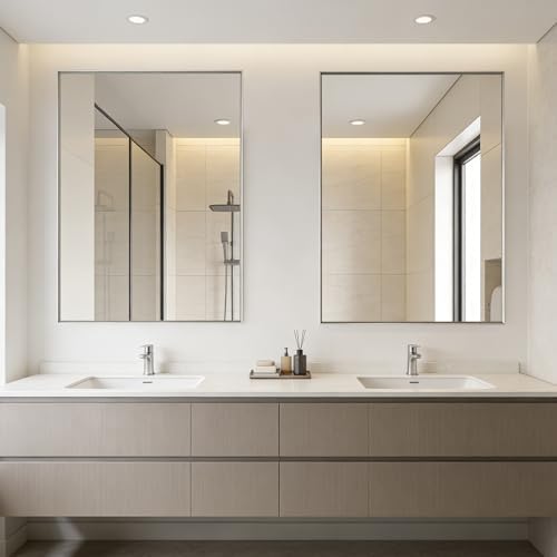 Bathroom Mirror for Wall, 40x30 Inch Framed Vanity Mirror Brushed Nickel | Rectanglar Metal Beveled Framed Mirror for Over Sink, Tempered Glass, Anti-Rust, Hangs Horizontally or Vertically
