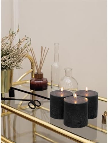 CANDWAX 3x3 Pillar Candles Set of 3 - Rustic Unscented No Drip Black Candles for Halloween Decor, Parties, Gothic Décor