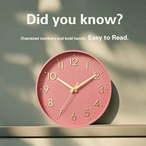 Mosewa 12 Inch Wall Clock Battery Operated Silent Non Ticking Analog | Pink Gold modern clock; oversized 3D easy-read dial for kitchen, bedroom & office; 1 AA battery (not included)