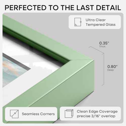 Homeforia 11x17 Green Picture Frame, High-End Metal, 8x12 Mat, Glass