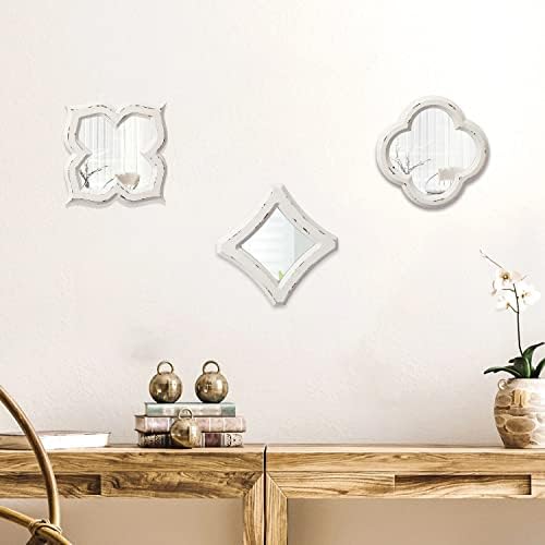 Farmhouse Small Decorative Mirrors for Wall Decor 7.9 inch | Hanging Distressed White Vintage Wood Frame Bedroom Mirror, Rustic Rhombus Wall Mounted Mirror for Home Decor Living Room