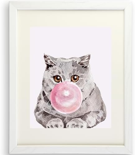 DREAM BIG PRINTABLES Cat Blowing Bubble Gum | British Shorthair Art Print - 11x14 (Unframed) | Adorable Feline Decor for Cat Lovers